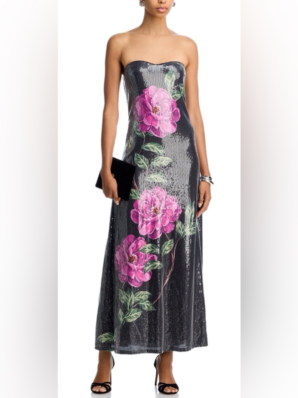 AQUA Sequin Strapless Oversized Floral Midi Dress - Picture 2 of 8
